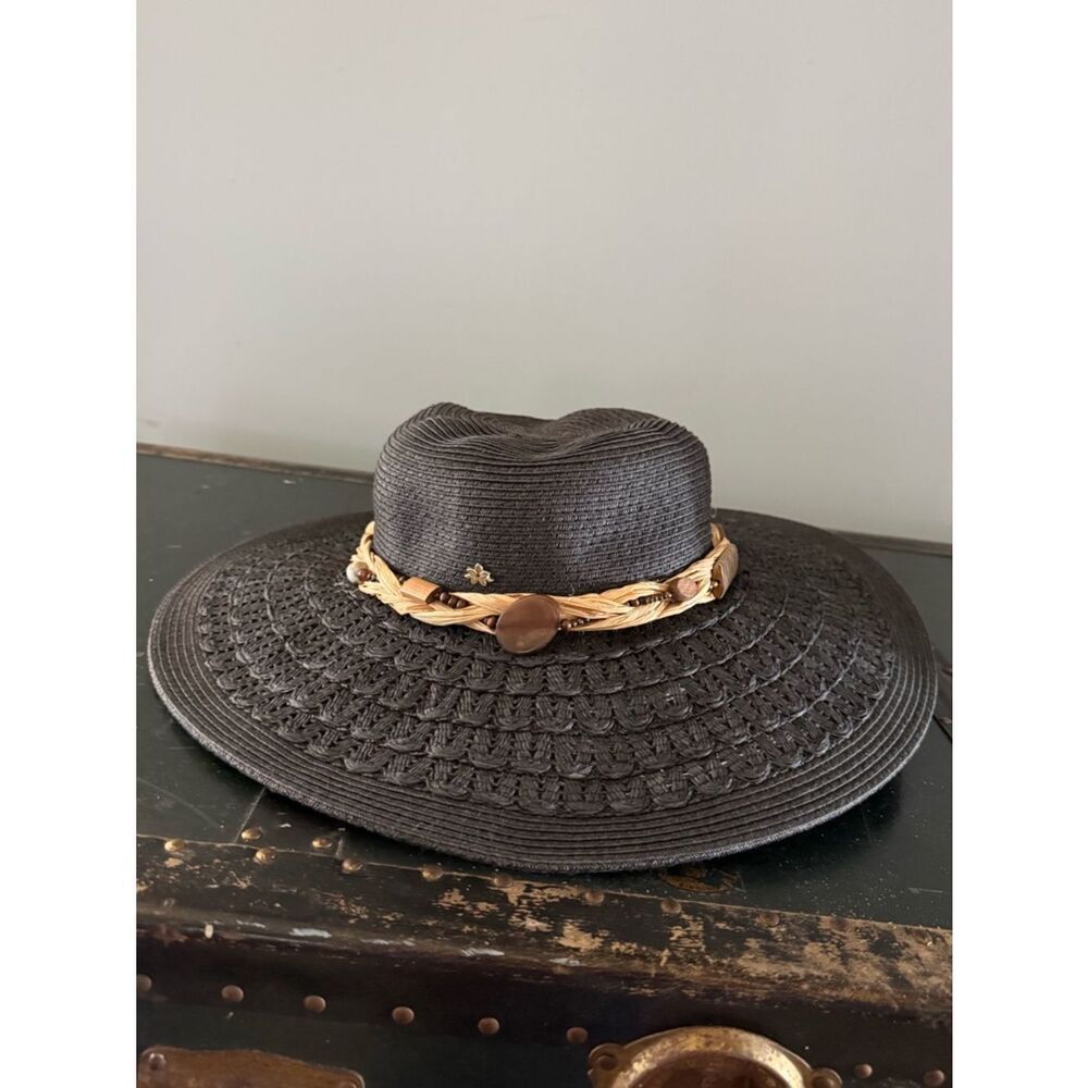 Cappella Straw World Sun Hat Womens One Size Black Wide Brim Paper Straw Beach